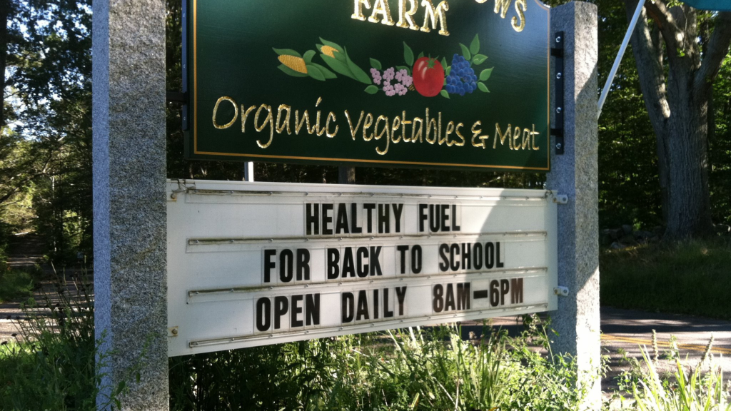 old traditions made new: sign reads "healthy fuel for back to school open daily from 8 am- 6 pm"