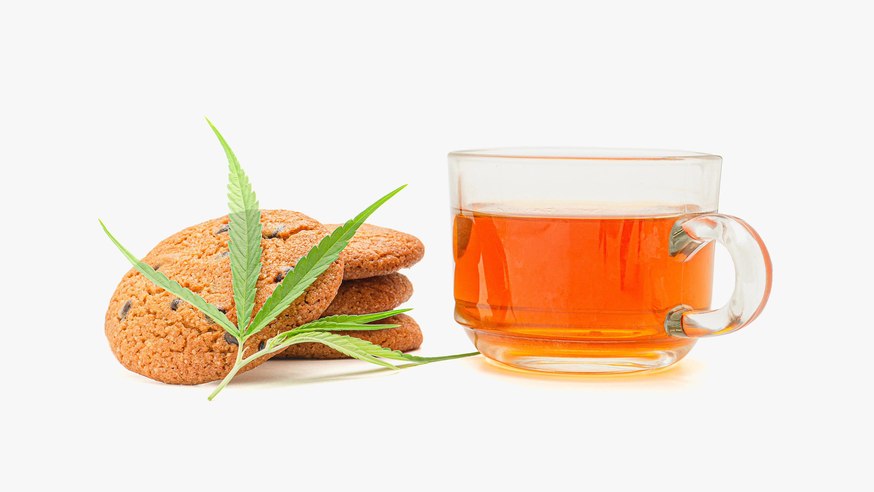Health Benefits of Edibles: cookies, marijuana leaf, and tea