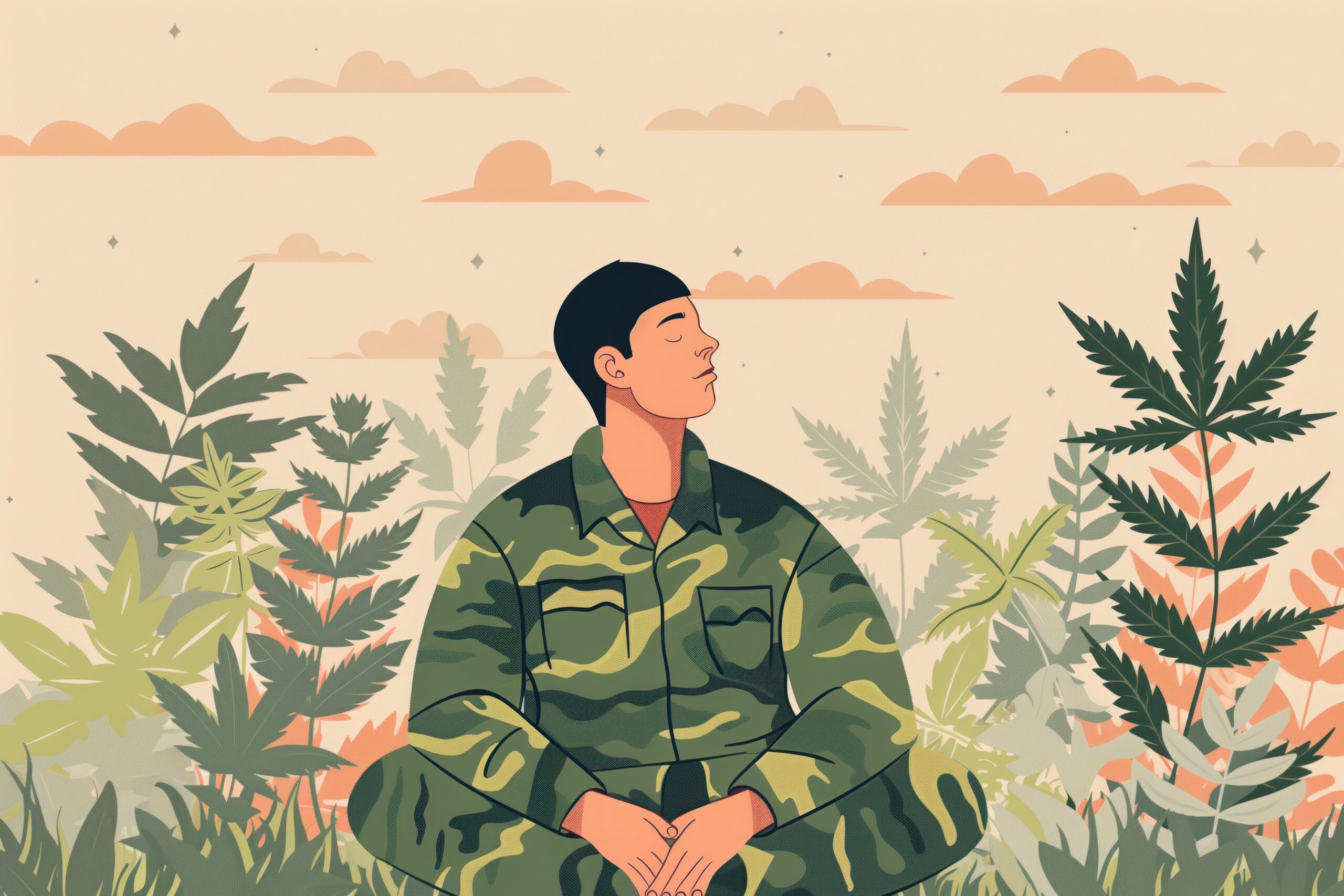 Military man calmed down by cannabis, treats post traumatic disorder PTSD using medical marijuana. The concept of medical cannabis for treatment PTSD in military