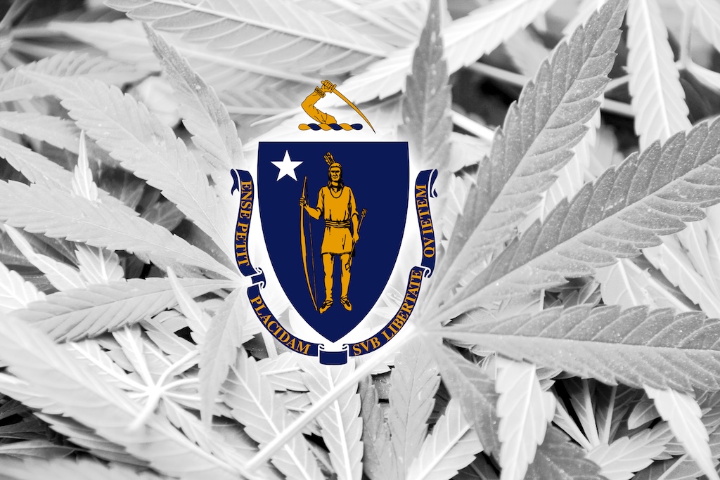 Massachusetts State Flag on cannabis background. Drug policy. Legalization of marijuana