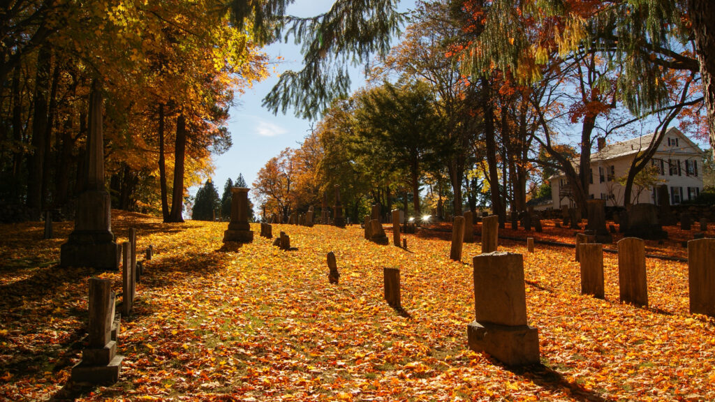 Old graveyard in a small town in New England with stonetombs. SOUTHBRIDGE, MASSACHUSETS. USA - NOVEMBER 17 2017.