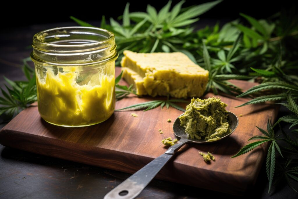 cannabis butter in a glass jar with a spread knife on a board, created with generative ai