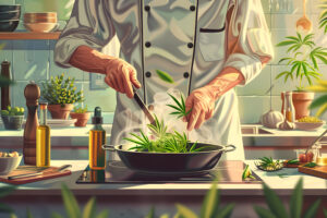 A high-quality illustration of a chef preparing a dish with cannabis leaves and oils, set in a modern kitchen with cooking utensils and fresh ingredients